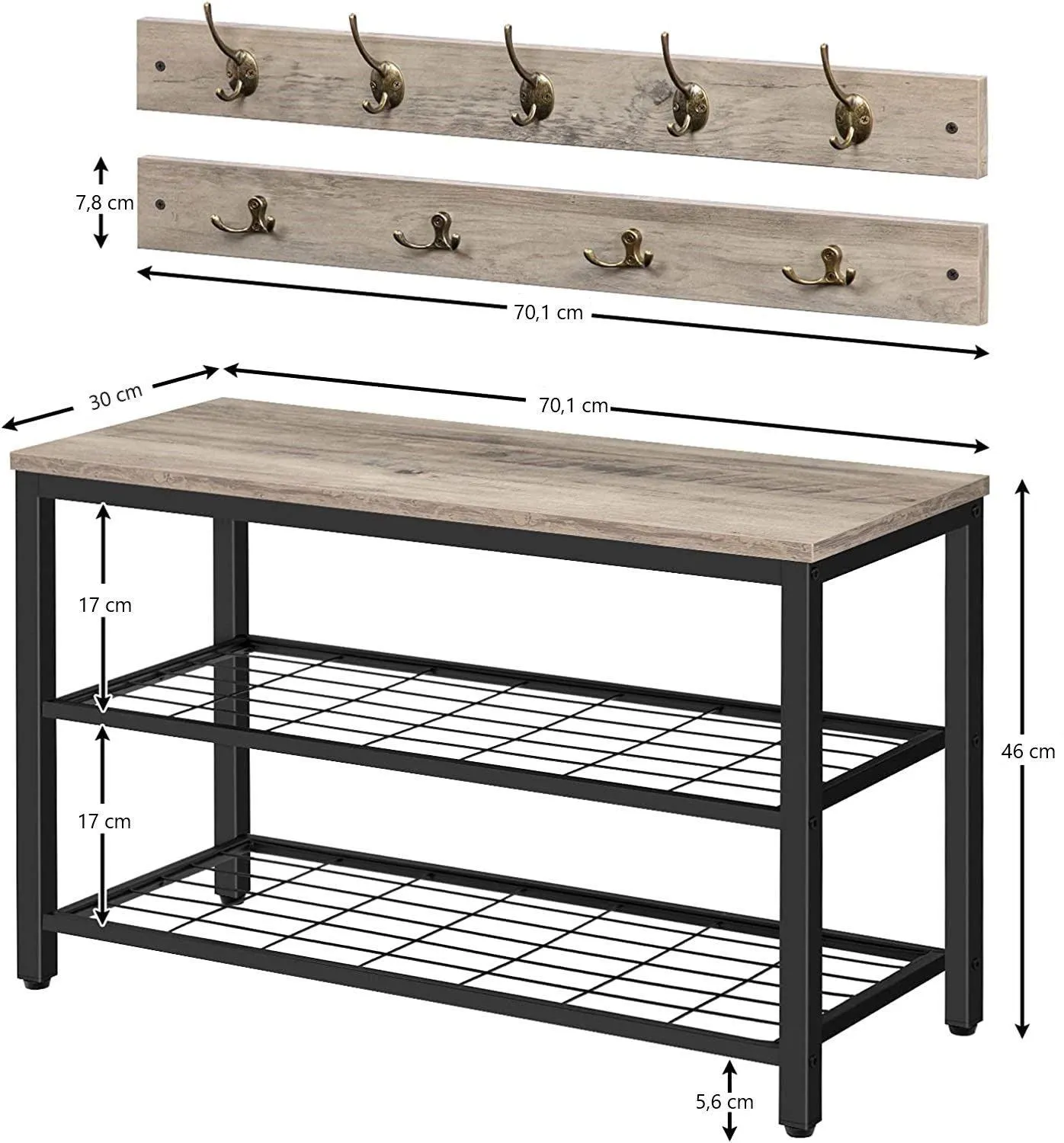 Industrial Design Entryway Shoe Rack with Coat Hooks Organizer (Grey)