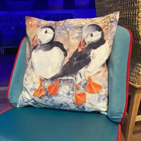 Jane Glue 'Puffin Twins' Velvet Cushion