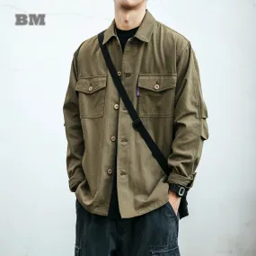 Japanese Streetwear Long Sleeve Shirt Men Casual Cargo Coat