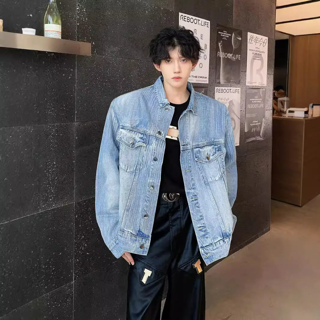 Jinquedai 90s streetwear New American Washed Heavy Industry Distressed High-Grade Pu Shuai Denim Coat Men's and Women's Loose Denim Jacket