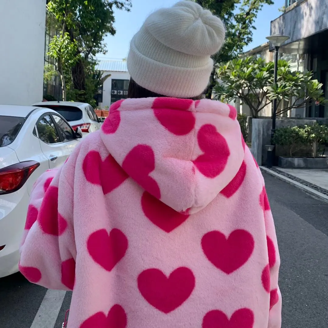 Joskaa 90s Winter Thick Jackets Women Comfortable Sweet Loose Heart-shaped Print Hooded Coat Fashion Casual Warm Couple Tops Streetwear