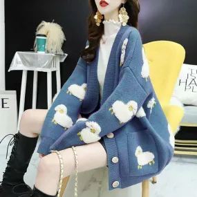 Joskaa Autumn Winter Knitted Female Cardigan Loose Streetwear Knit Sweater Coat Cute Cartoon Print V Neck knitted cardigan Women Jacket