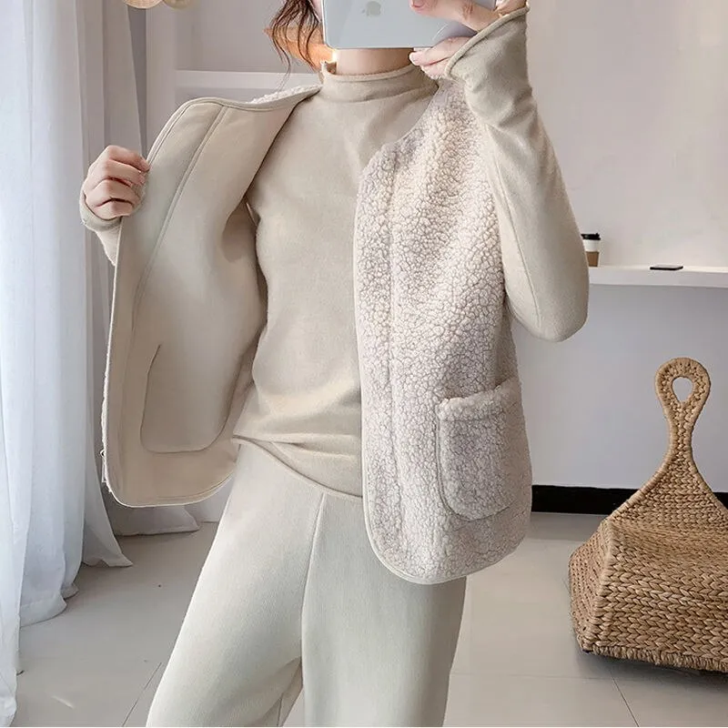 Joskaa Back to College Autumn Winter Vest Women Sleeveless Coat Faux Lamb Fur Warm Jackets Korea Casual Solid Color O Neck Pocket Zipper Waistcoat 2024