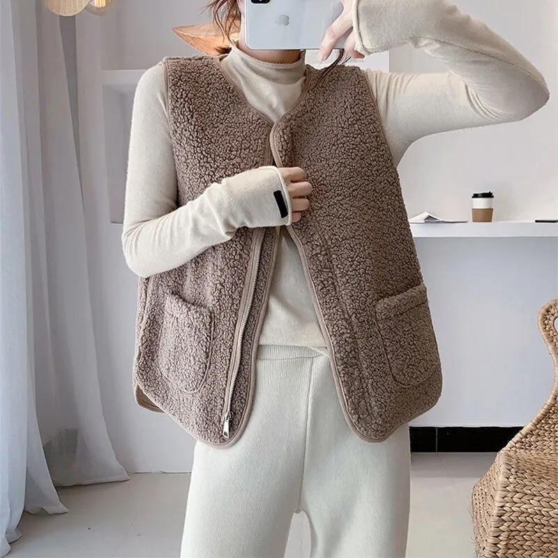 Joskaa Back to College Autumn Winter Vest Women Sleeveless Coat Faux Lamb Fur Warm Jackets Korea Casual Solid Color O Neck Pocket Zipper Waistcoat 2024