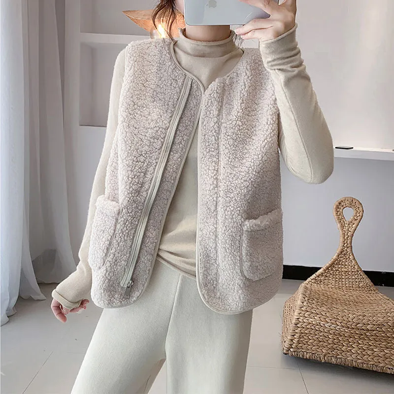 Joskaa Back to College Autumn Winter Vest Women Sleeveless Coat Faux Lamb Fur Warm Jackets Korea Casual Solid Color O Neck Pocket Zipper Waistcoat 2024