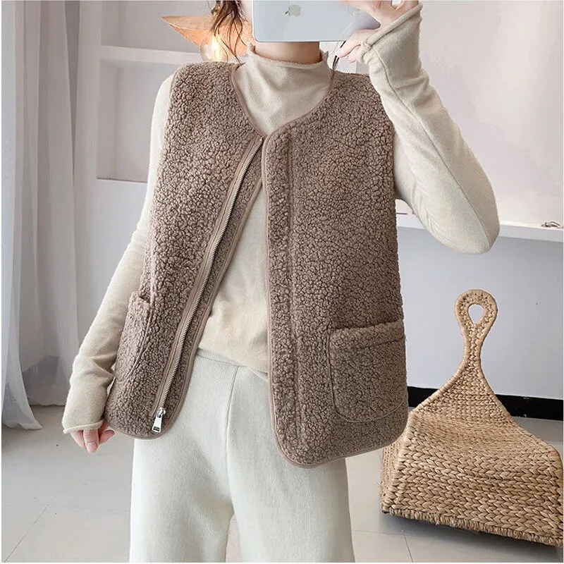 Joskaa Back to College Autumn Winter Vest Women Sleeveless Coat Faux Lamb Fur Warm Jackets Korea Casual Solid Color O Neck Pocket Zipper Waistcoat 2024