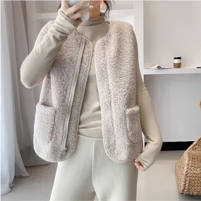 Joskaa Back to College Autumn Winter Vest Women Sleeveless Coat Faux Lamb Fur Warm Jackets Korea Casual Solid Color O Neck Pocket Zipper Waistcoat 2024