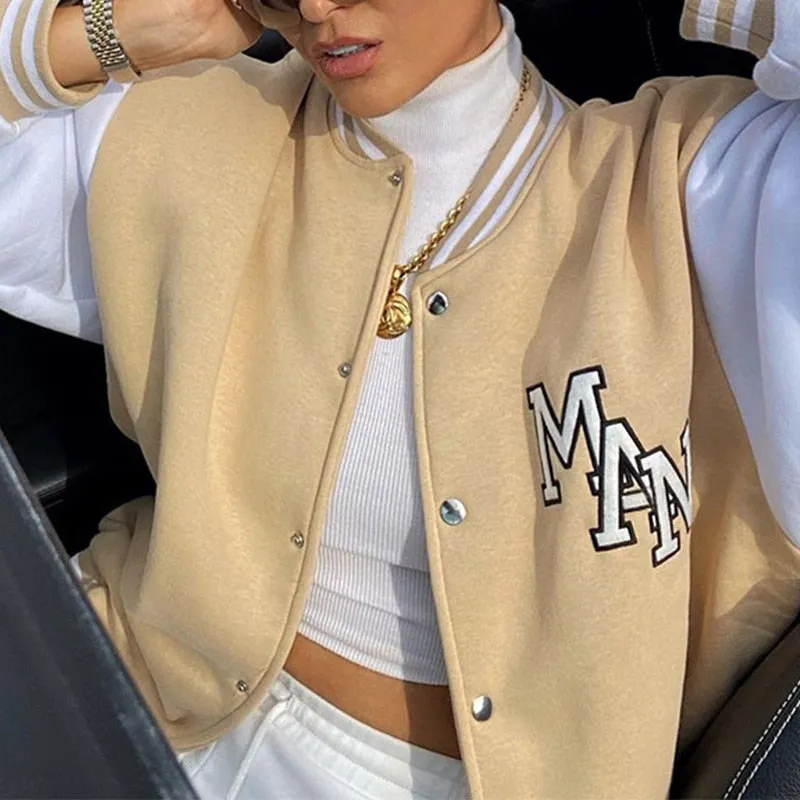 Joskaa Christmas Gift Women Letter Embroidery Baseball Uniform Jacket Autumn Female Loose Single Breasted Stand-up Collar Harajuku Streetwear Coat