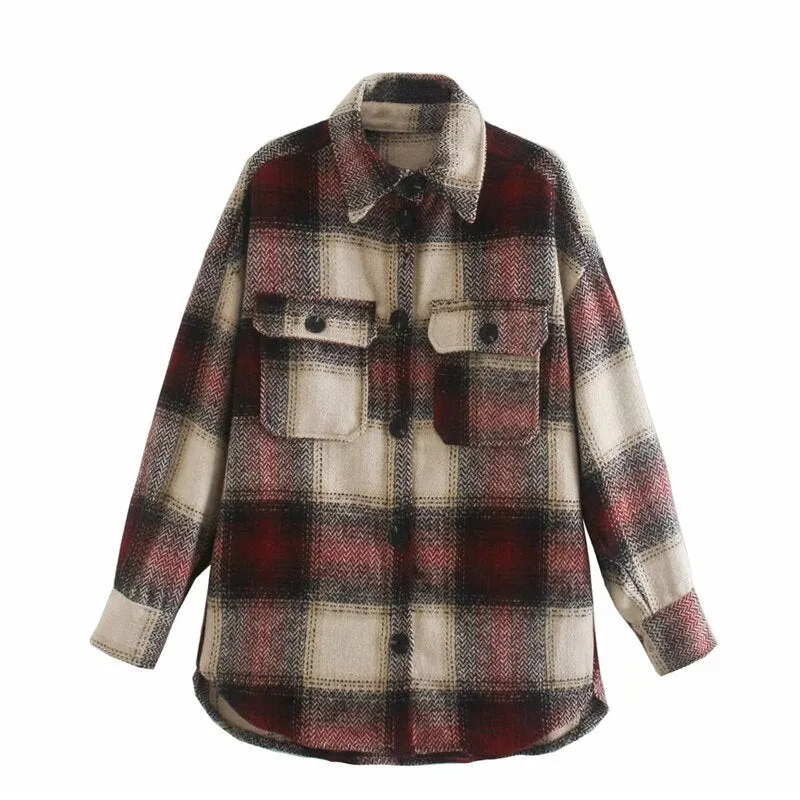 Joskaa Merodi Vintage Plaid Woolen Woman Oversize Long Loose Jacket Autumn Fashion Lady Thick Streetwear Coat Female Jackets Chic