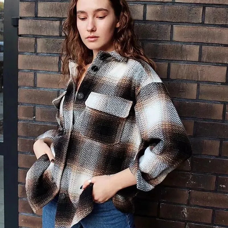 Joskaa Merodi Vintage Plaid Woolen Woman Oversize Long Loose Jacket Autumn Fashion Lady Thick Streetwear Coat Female Jackets Chic