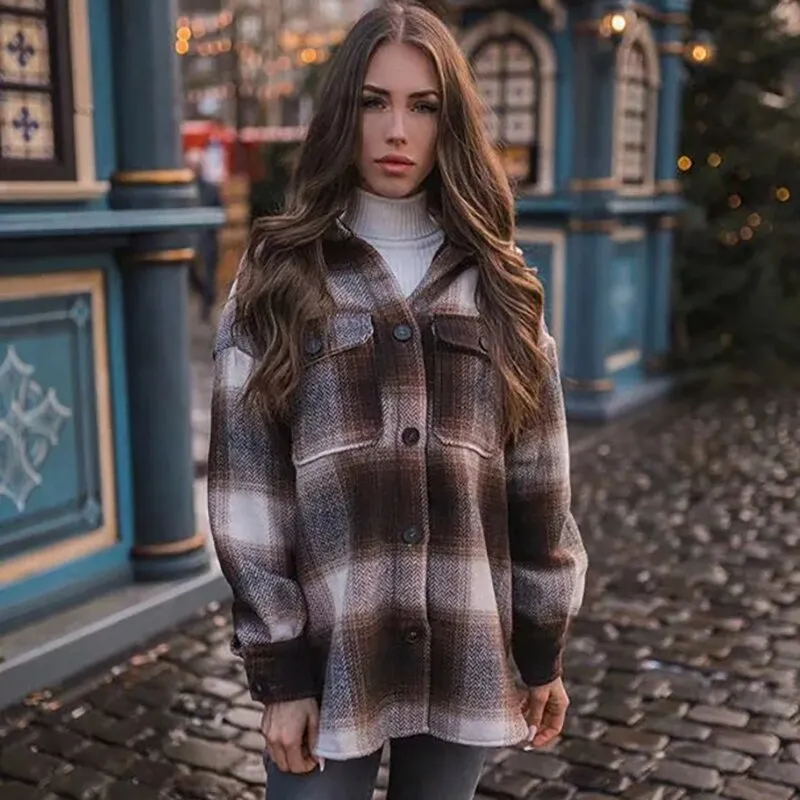 Joskaa Merodi Vintage Plaid Woolen Woman Oversize Long Loose Jacket Autumn Fashion Lady Thick Streetwear Coat Female Jackets Chic