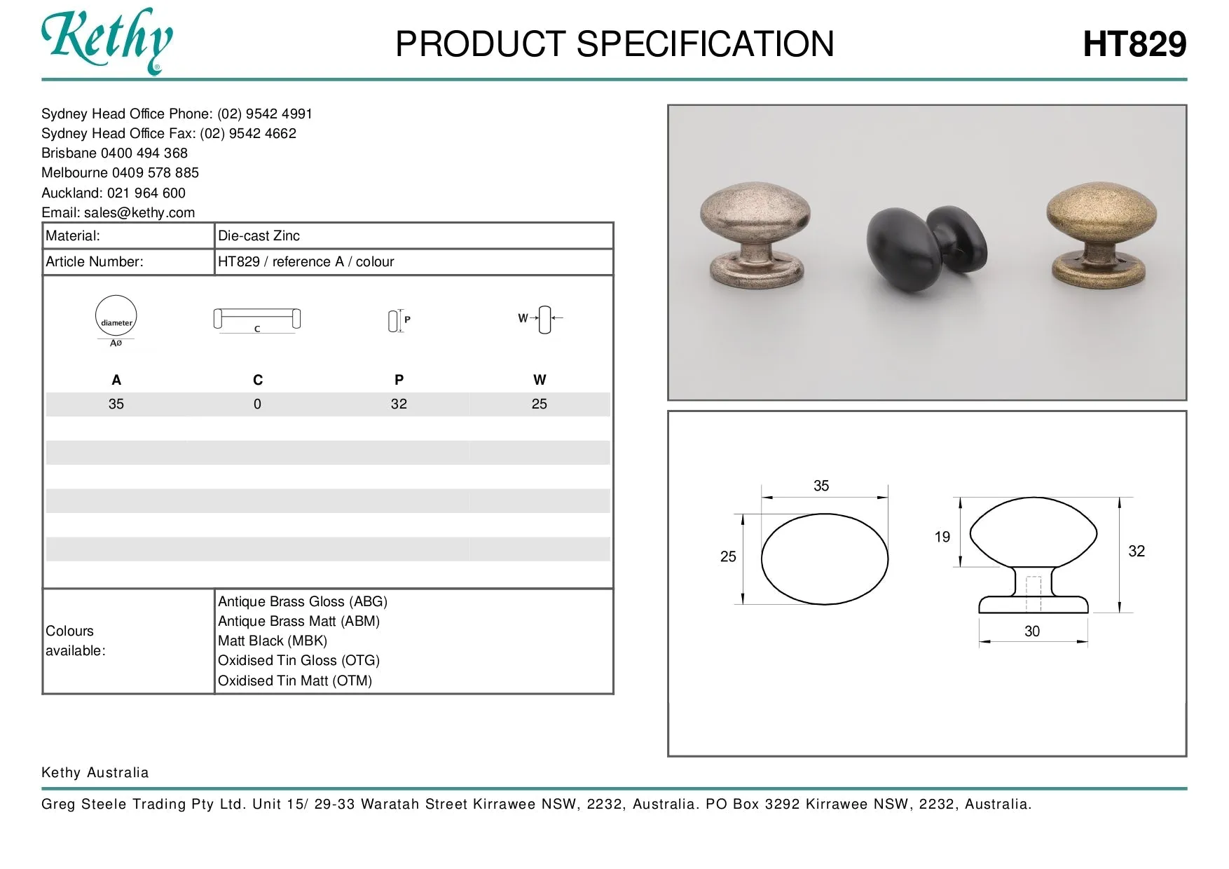 KETHY HT829 CABINET WITTON KNOB 35MM