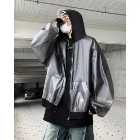 Korean Chic New Spring Transparent Hooded Jacket Men High Quality PU Casual Loose Jackets Male Streetwear Oversized Coat