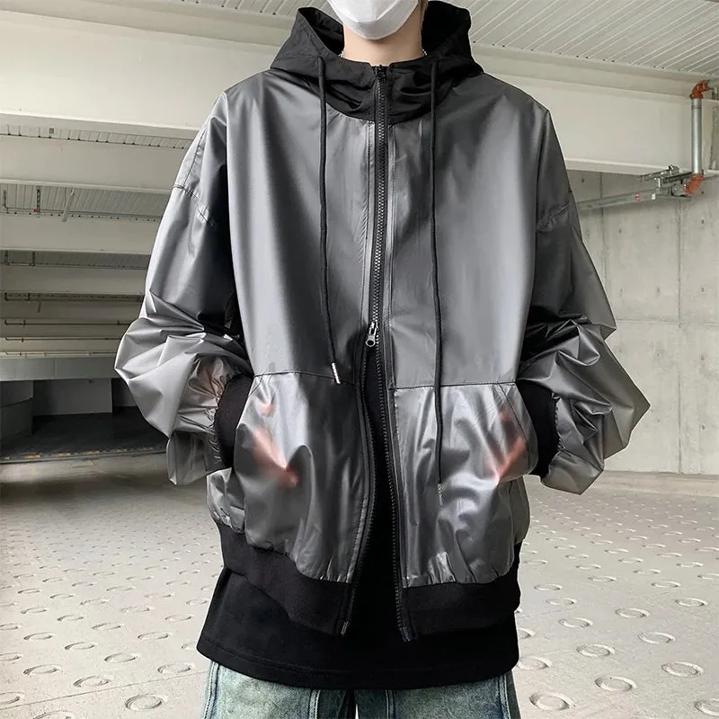 Korean Chic New Spring Transparent Hooded Jacket Men High Quality PU Casual Loose Jackets Male Streetwear Oversized Coat