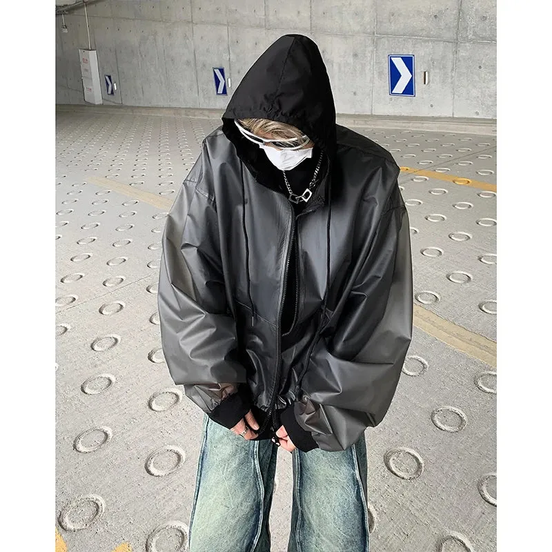 Korean Chic New Spring Transparent Hooded Jacket Men High Quality PU Casual Loose Jackets Male Streetwear Oversized Coat