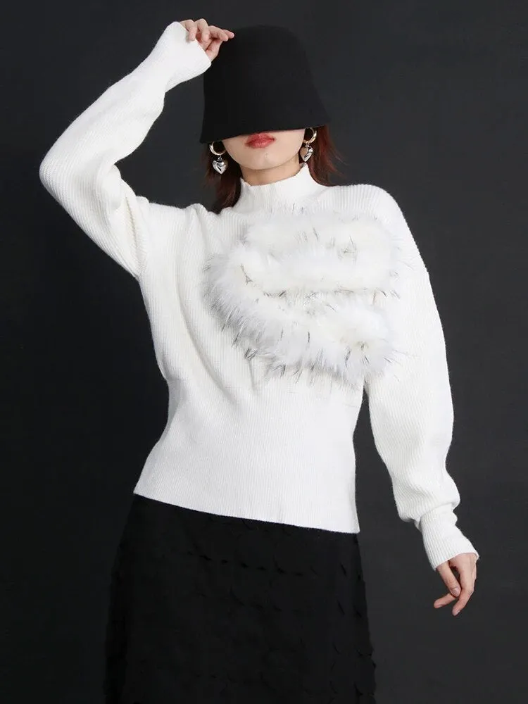 Korean Fashion Patchwork Feather Knitting Sweater For Women Stand Collar Lantern Sleeve Solid Sweaters Female Style