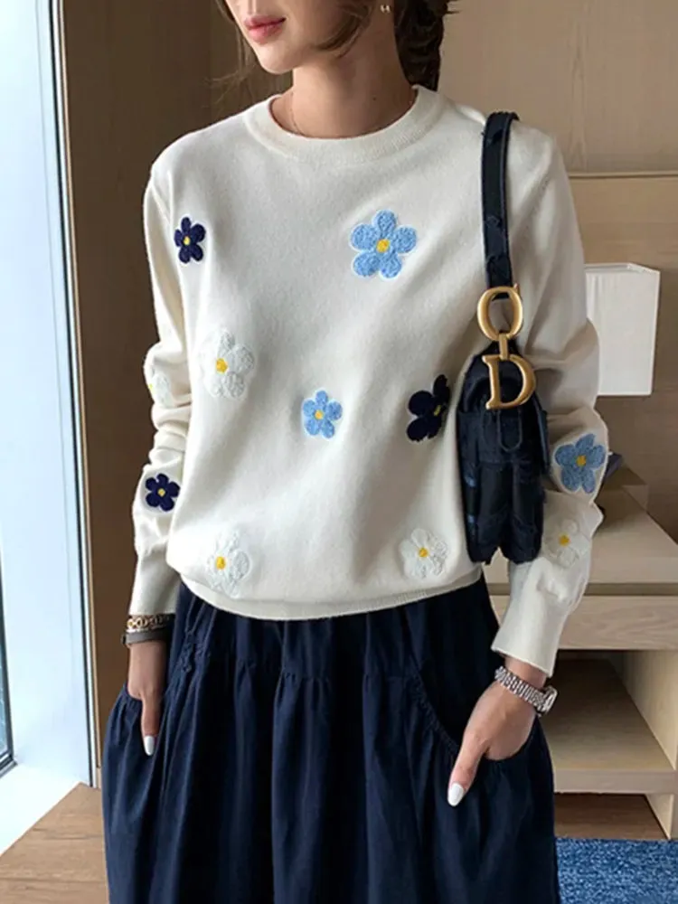 Korean Floral Embroidery Pullover Sweater High Quality Women Elegant O Neck Knitted Tops C-089