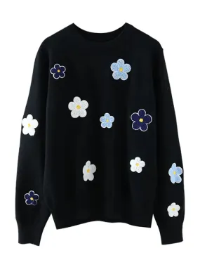 Korean Floral Embroidery Pullover Sweater High Quality Women Elegant O Neck Knitted Tops C-089