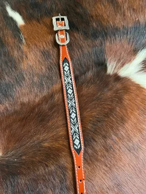 Leather Black & White Beaded Inlay Dog Collar