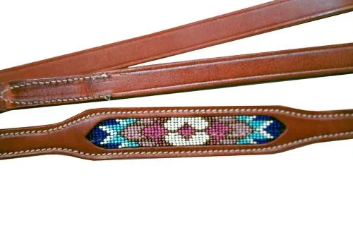 Leather Dog Leash turquoise, pink and purple beaded inlay design