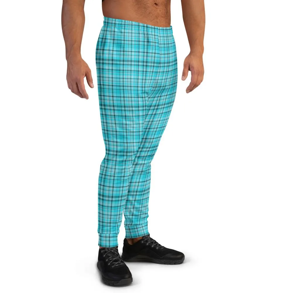 Light Blue Plaid Men's Joggers, Tartan Premium Plaid Print Casual Sweatpants-Made in EU