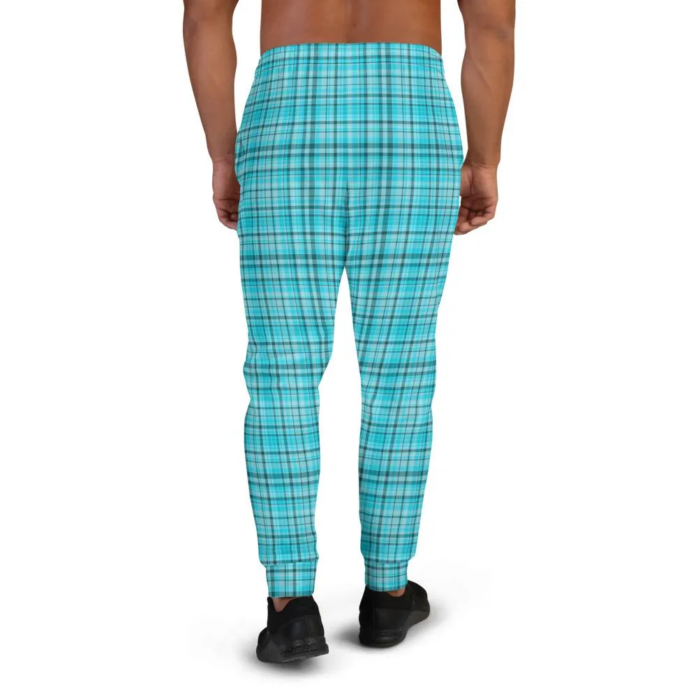 Light Blue Plaid Men's Joggers, Tartan Premium Plaid Print Casual Sweatpants-Made in EU