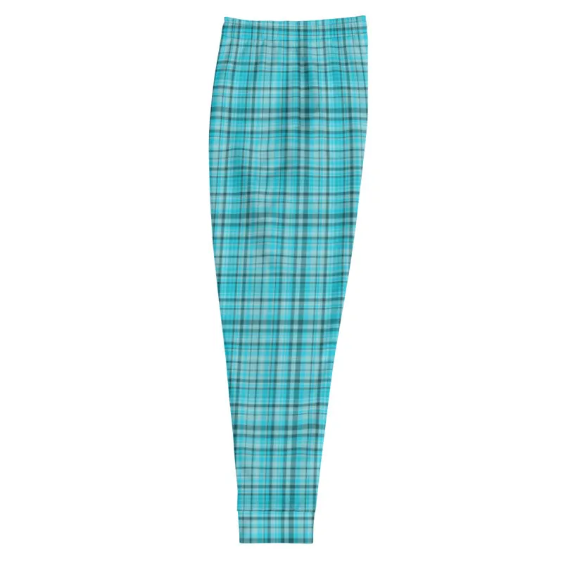 Light Blue Plaid Men's Joggers, Tartan Premium Plaid Print Casual Sweatpants-Made in EU