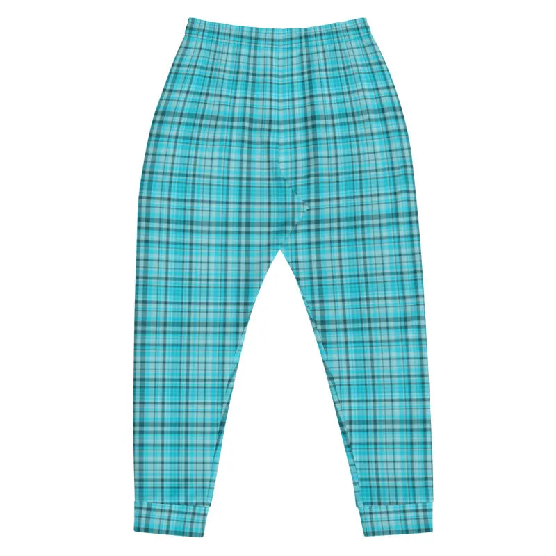 Light Blue Plaid Men's Joggers, Tartan Premium Plaid Print Casual Sweatpants-Made in EU