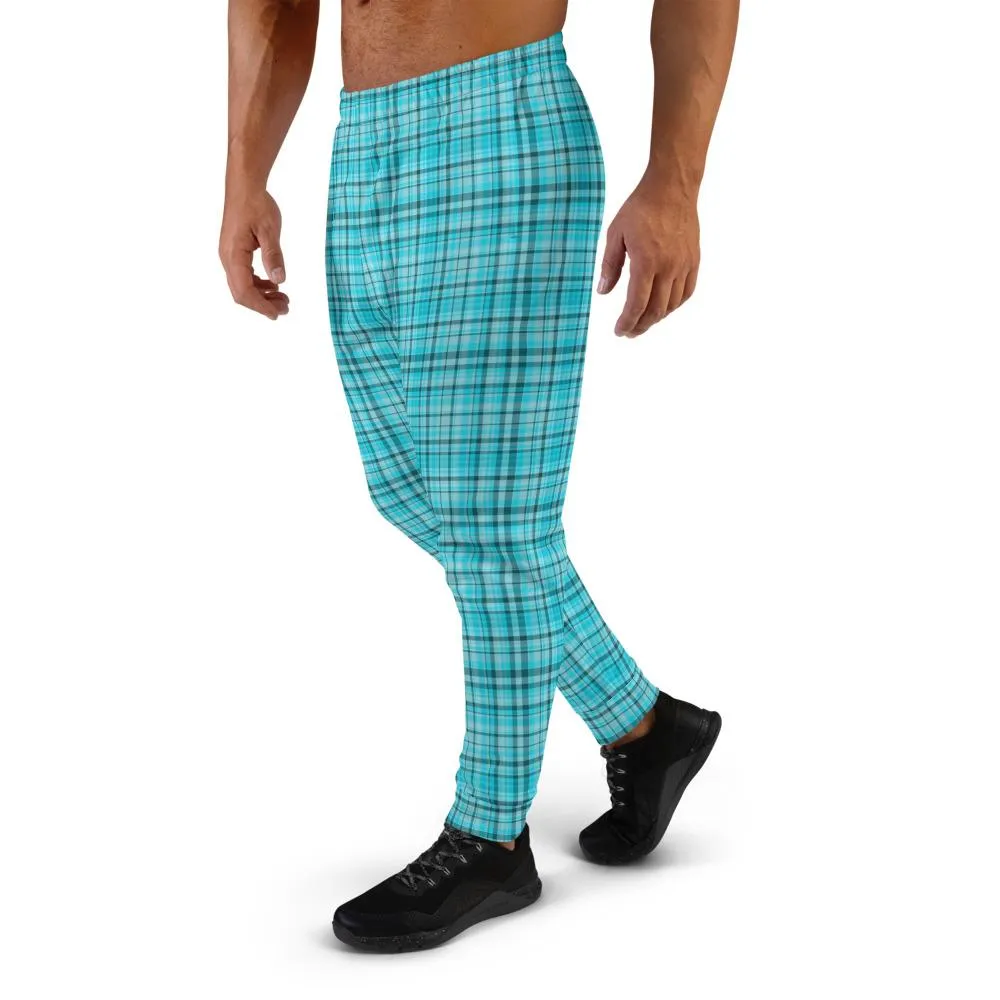 Light Blue Plaid Men's Joggers, Tartan Premium Plaid Print Casual Sweatpants-Made in EU