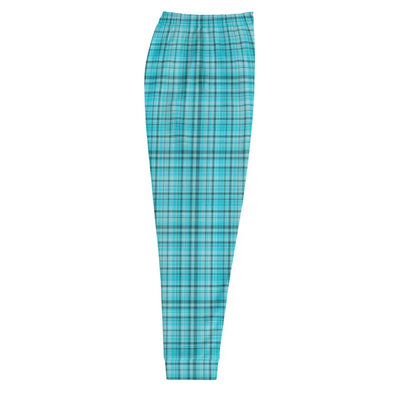 Light Blue Plaid Men's Joggers, Tartan Premium Plaid Print Casual Sweatpants-Made in EU