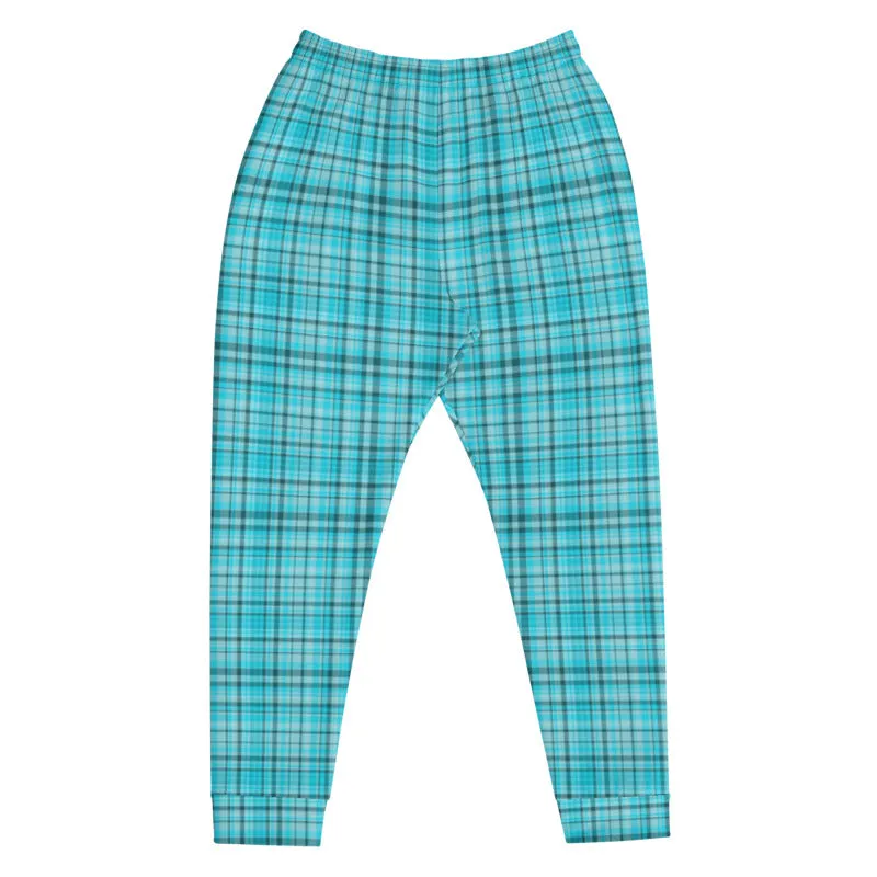 Light Blue Plaid Men's Joggers, Tartan Premium Plaid Print Casual Sweatpants-Made in EU