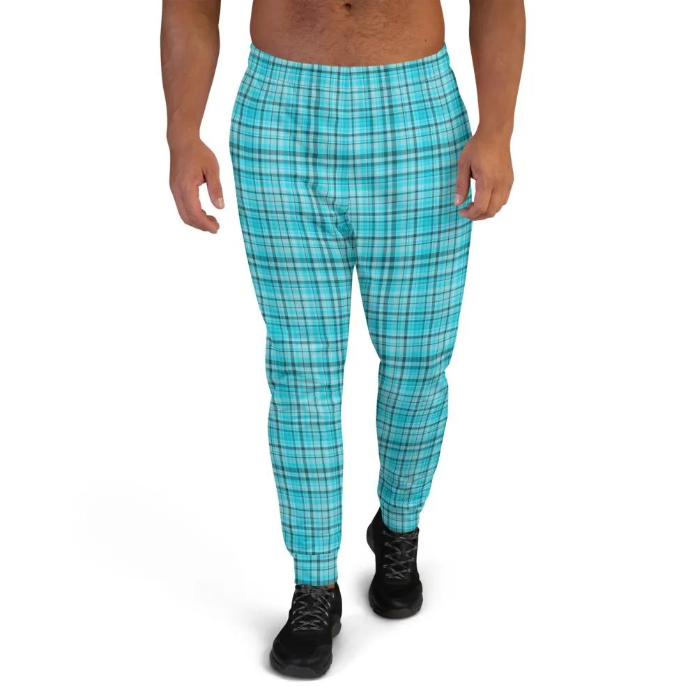 Light Blue Plaid Men's Joggers, Tartan Premium Plaid Print Casual Sweatpants-Made in EU