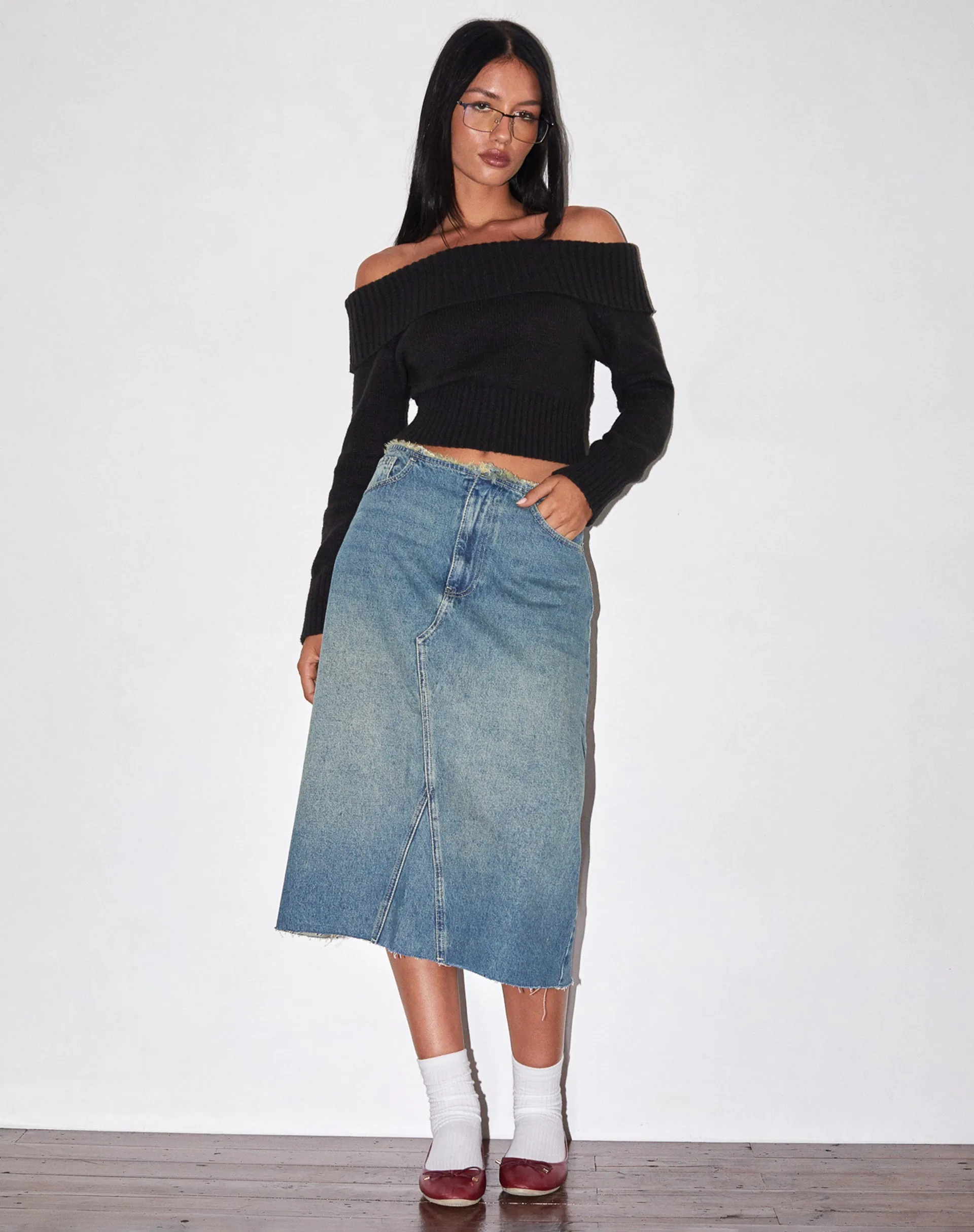 Low Rise Denim Midi Skirt in Vintage Blue Green