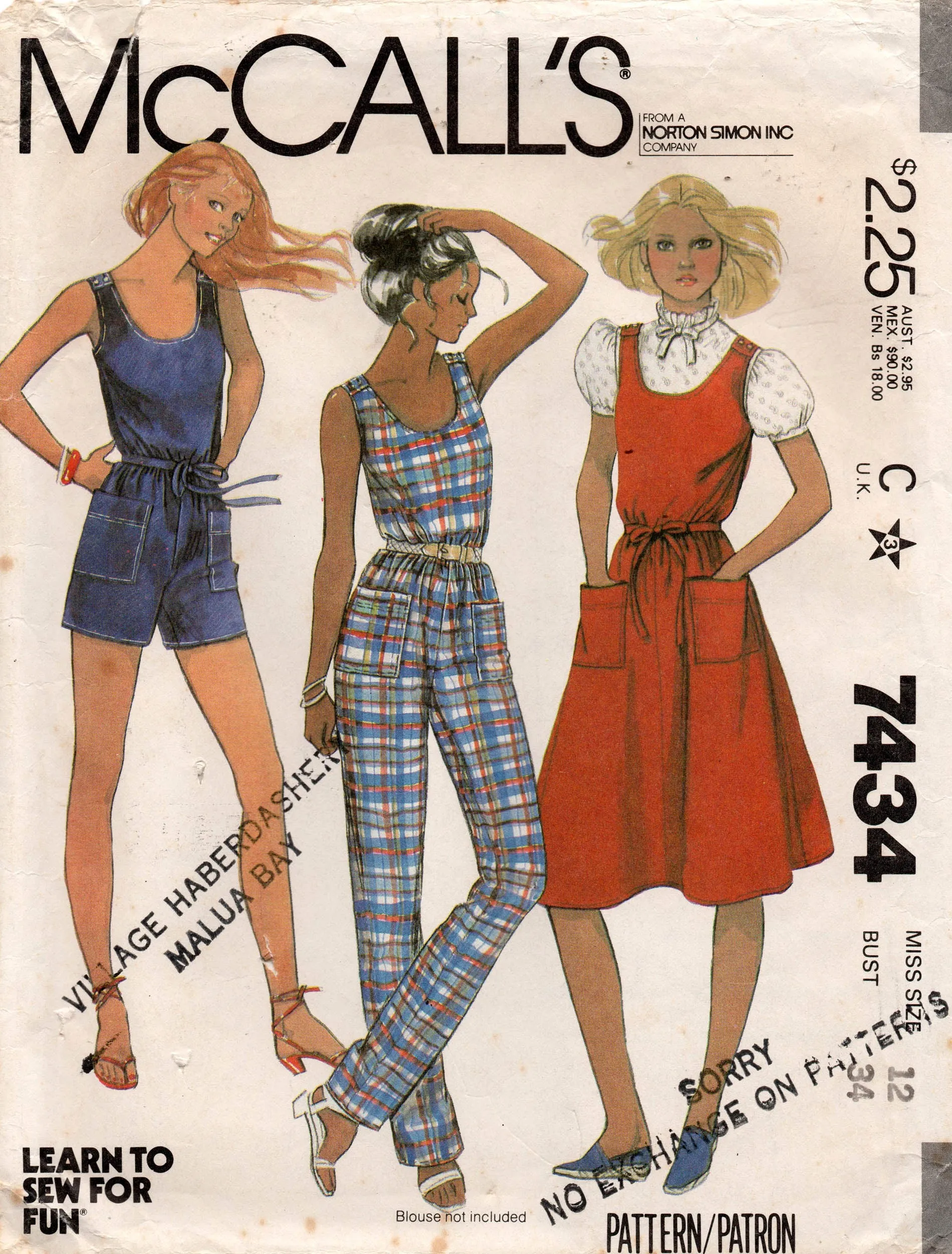 McCall's 7434 Womens Jumper Dress Jumpsuit & Rompers 1980s Vintage Sewing Pattern Size 12 Bust 34 inches