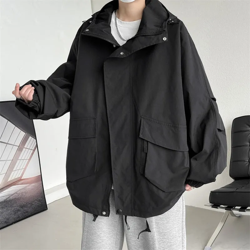 Men Hip Hop Streetwear Jacket Coat Black Patchwork Harajuku Jacket Windbreaker Oversized Track Jacket Pocket Spring Autumn