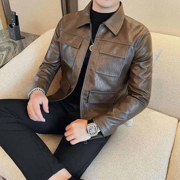 Men's Leather Motorcycle Jacket - Fashion Lapel Design, Casual Streetwear PU Coat for Business & Social Outfits