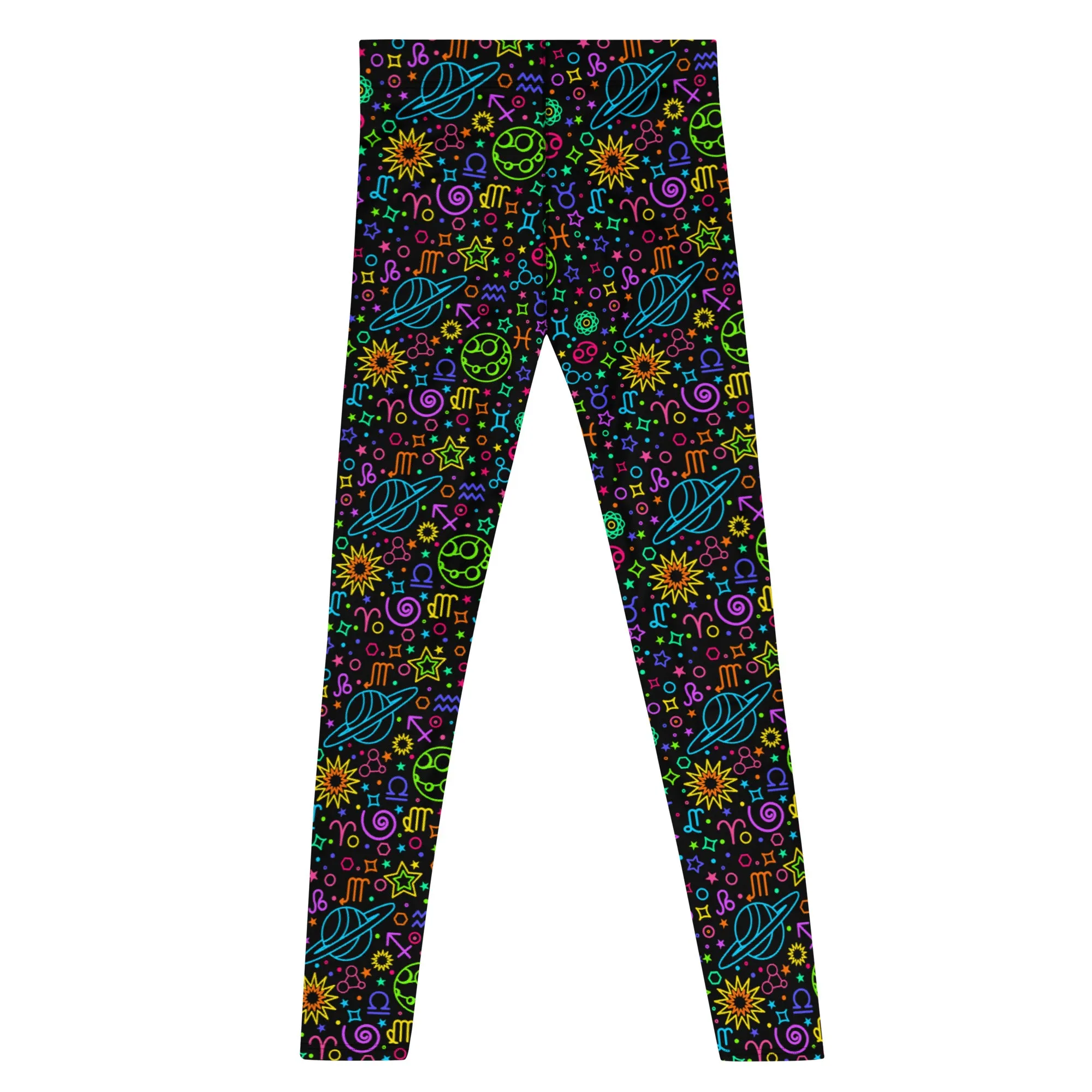 Men's Leggings, Neon, Astrology, Stars, Planets, Zodiac, Black