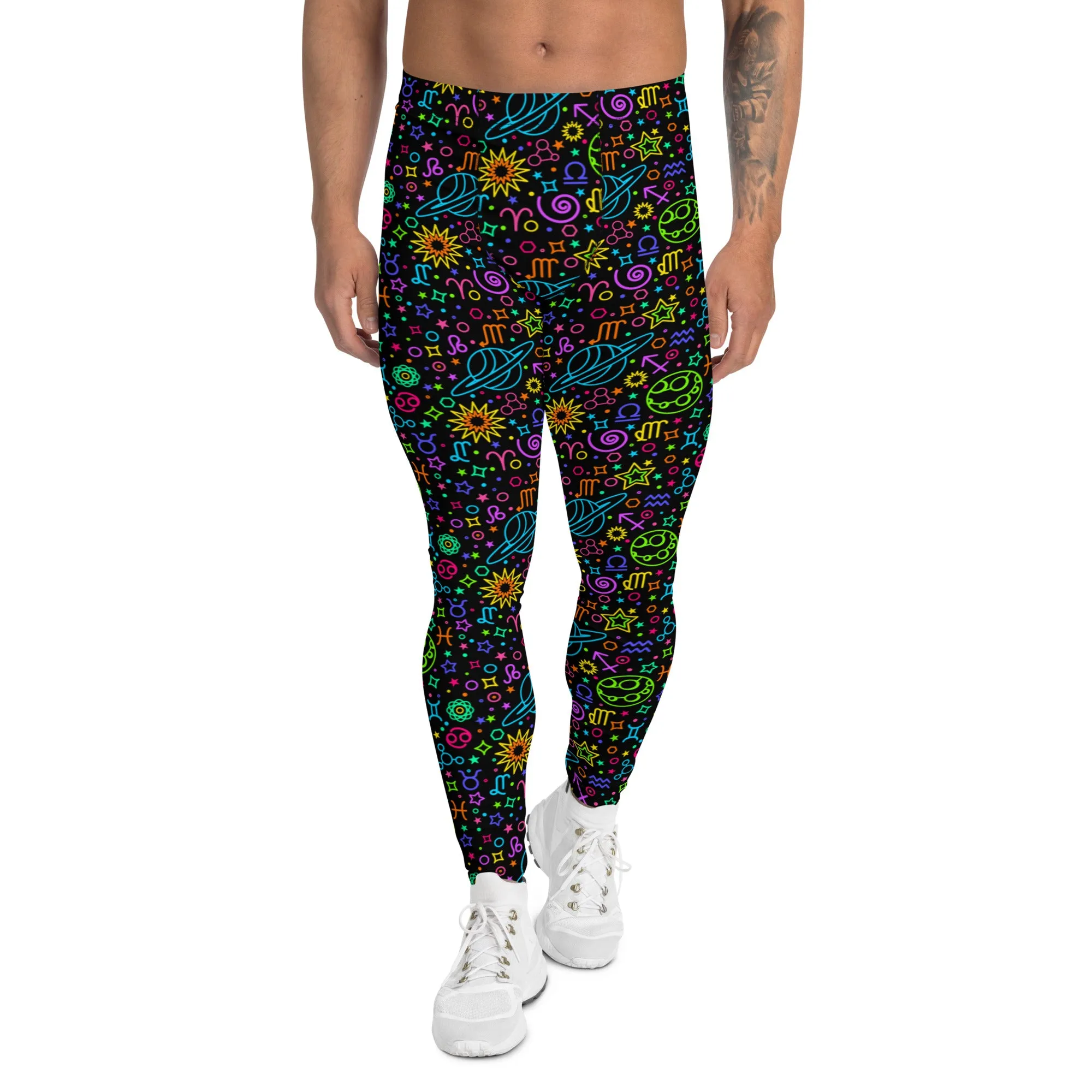 Men's Leggings, Neon, Astrology, Stars, Planets, Zodiac, Black