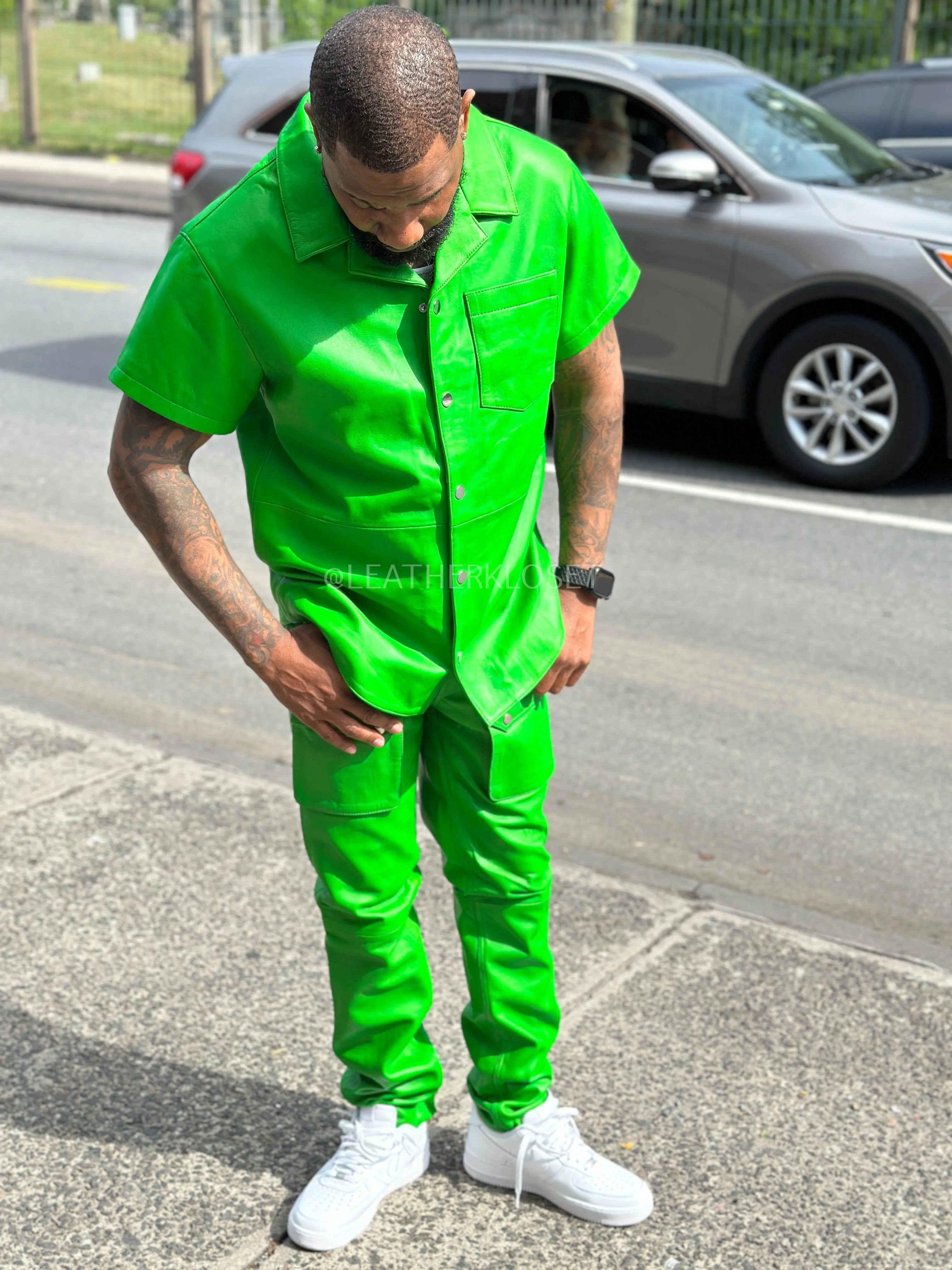 Men's Luka Leather Short Sleeve Shirt And Cargo Pants Set [Green]