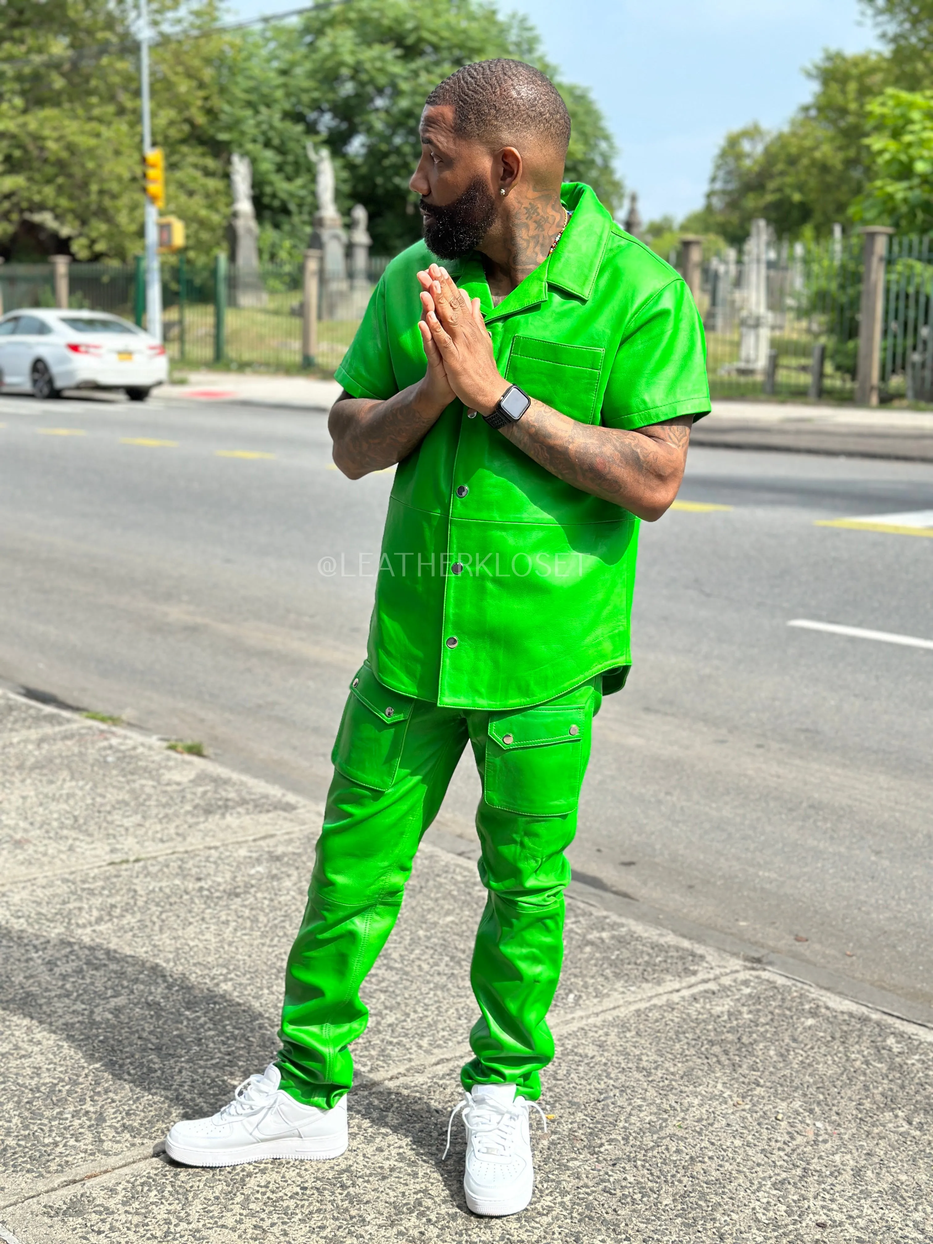 Men's Luka Leather Short Sleeve Shirt And Cargo Pants Set [Green]