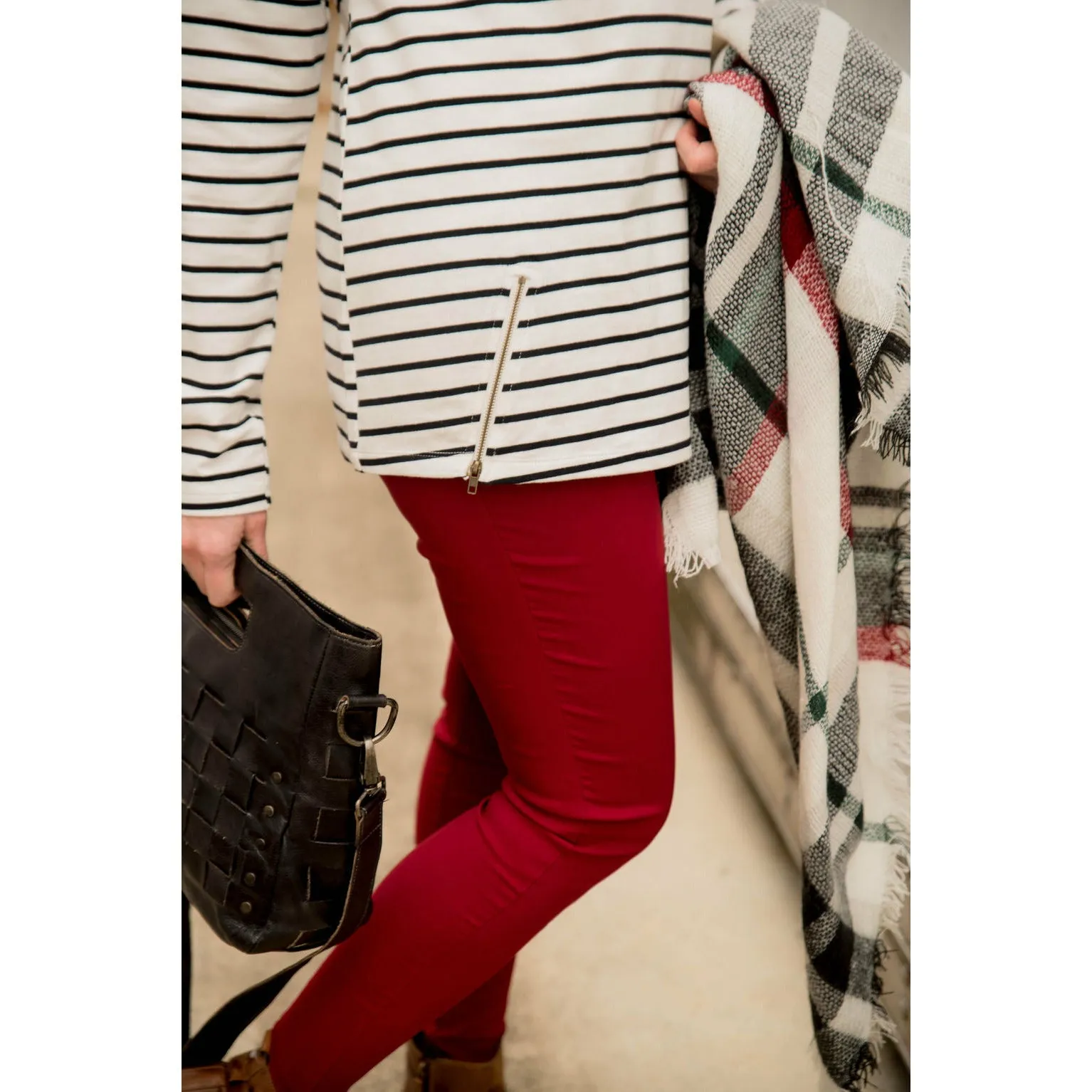 Mixed Stripe Zipper Bottom Sweatshirt