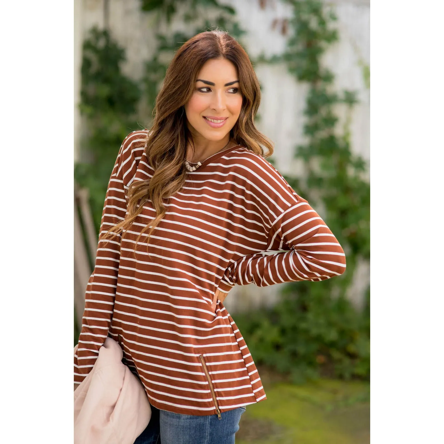 Mixed Stripe Zipper Bottom Sweatshirt