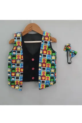 Multicolor super heroes printed waist coat with bow tie