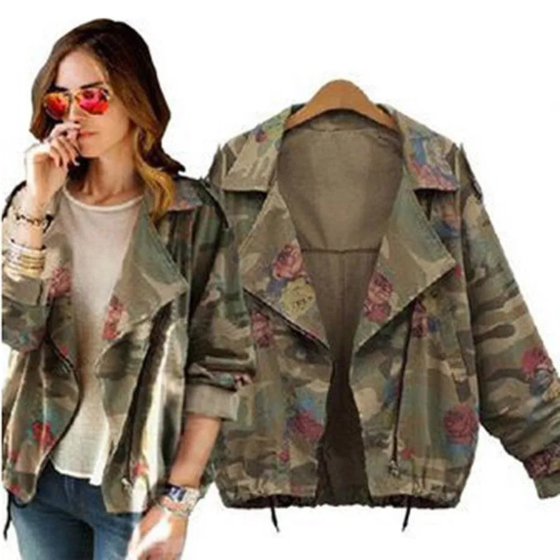 New Women's Camouflage Jackets Coat Zipper Denim Coats Army Green Outerwear