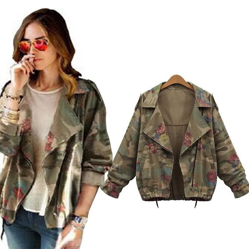 New Women's Camouflage Jackets Coat Zipper Denim Coats Army Green Outerwear