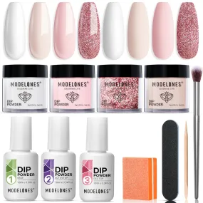 Nude Pink Glitter Dip Powder Nail Kit for Beginners - 4 Colors with Base, Top & Activator