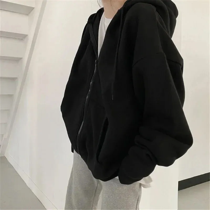 Oversize Women Hoodies Casual Solid Zip Up Hooded Sweatshirt Harajuku Korean Loose Couple Hoodie Jacket Coat Streetwear