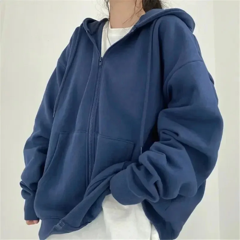 Oversize Women Hoodies Casual Solid Zip Up Hooded Sweatshirt Harajuku Korean Loose Couple Hoodie Jacket Coat Streetwear