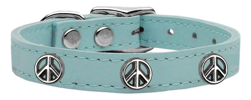 Peace Sign Widget Genuine Leather Dog Collar Baby Blue 24