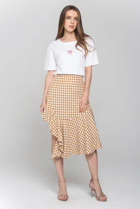 Peach Gingham Ruffle Hem Midi Skirt